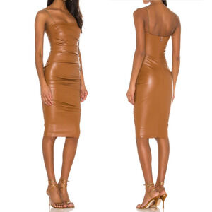 Nookie Revolve Posse Midi Dress Medium Brown Faux Leather Fitted Ruched Celeb